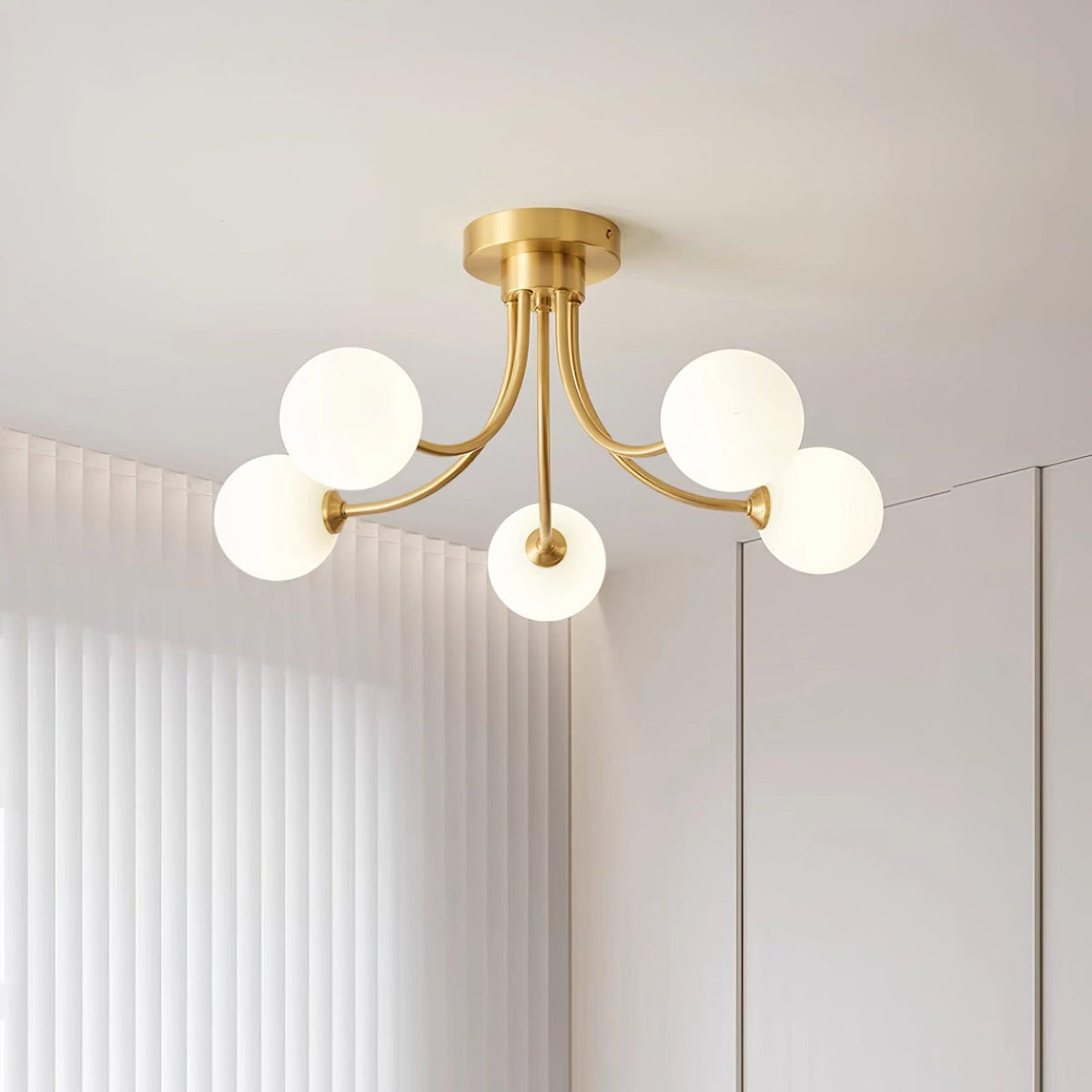 Ceiling Light Brass Branching Arms Opal Globe Shades Modern Elegant
