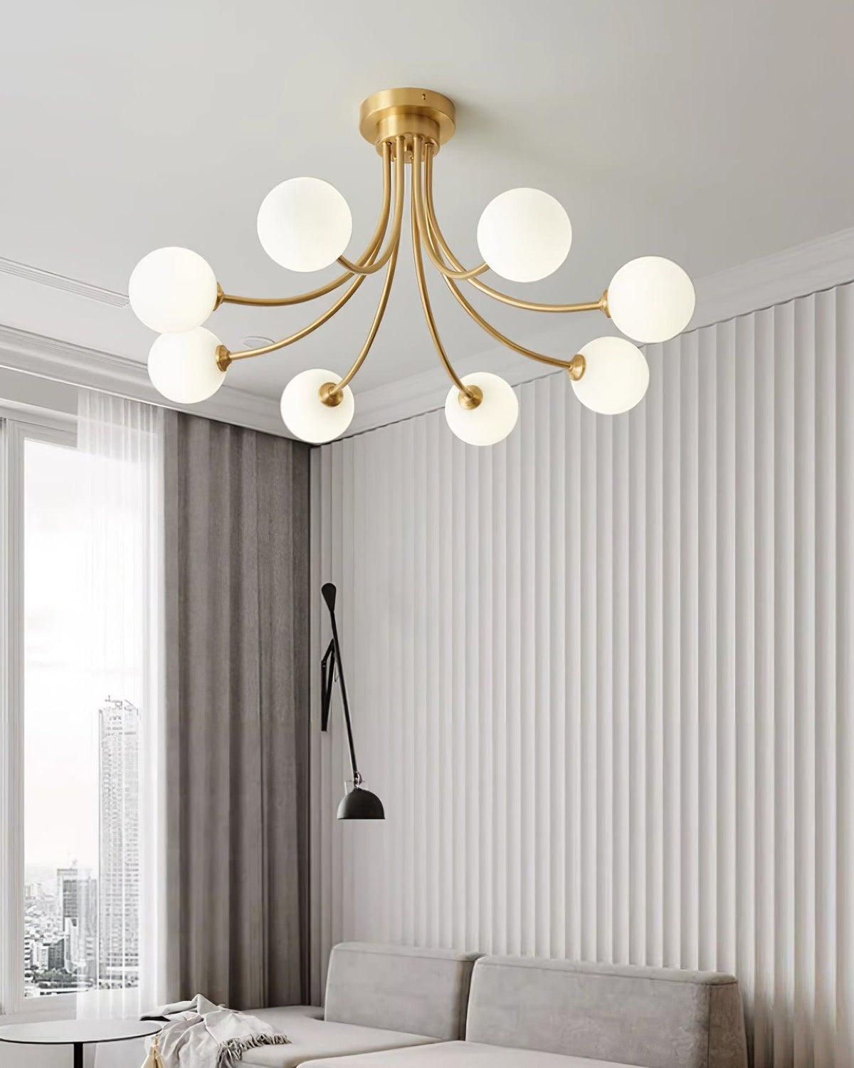 Ceiling Light Brass Branching Arms Opal Globe Shades Modern Elegant