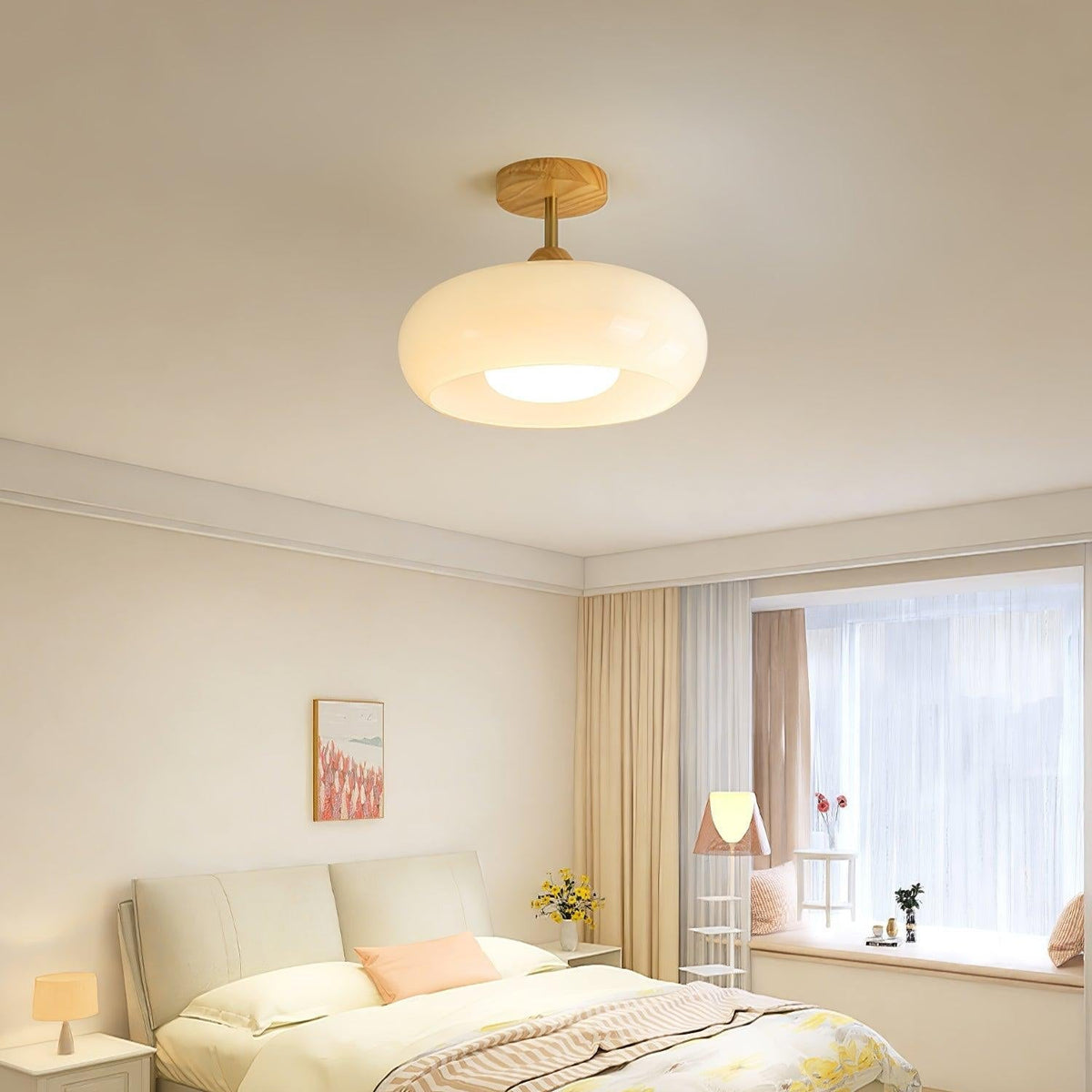 Wukugis Flush Mount Ceiling Light Glass Wood &Orange&White