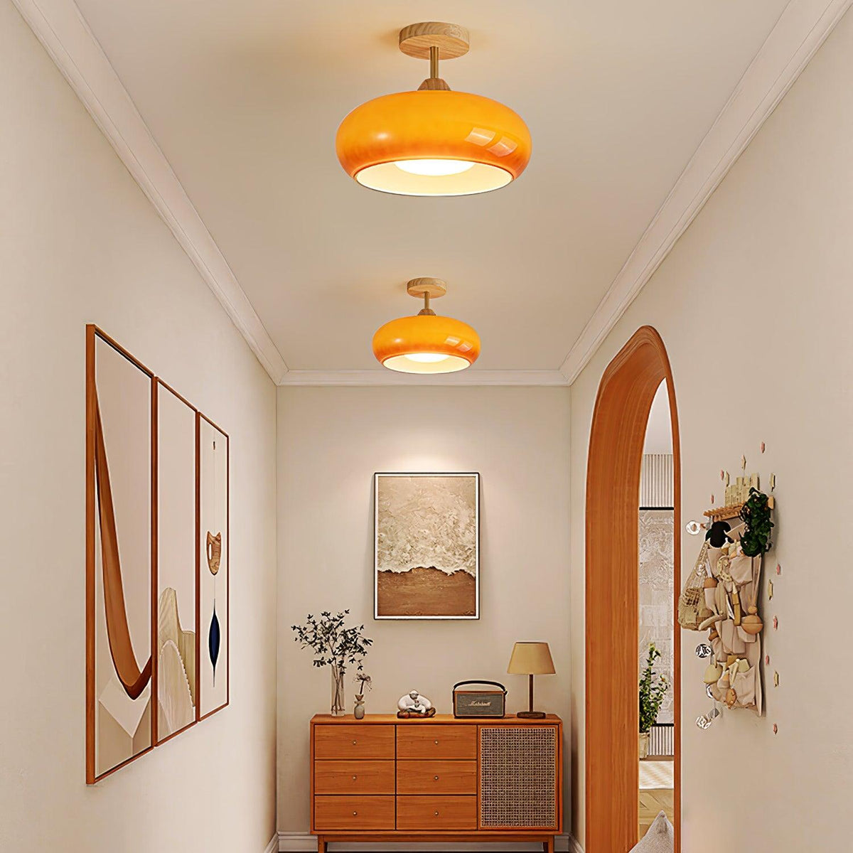 Wukugis Flush Mount Ceiling Light Glass Wood &Orange&White
