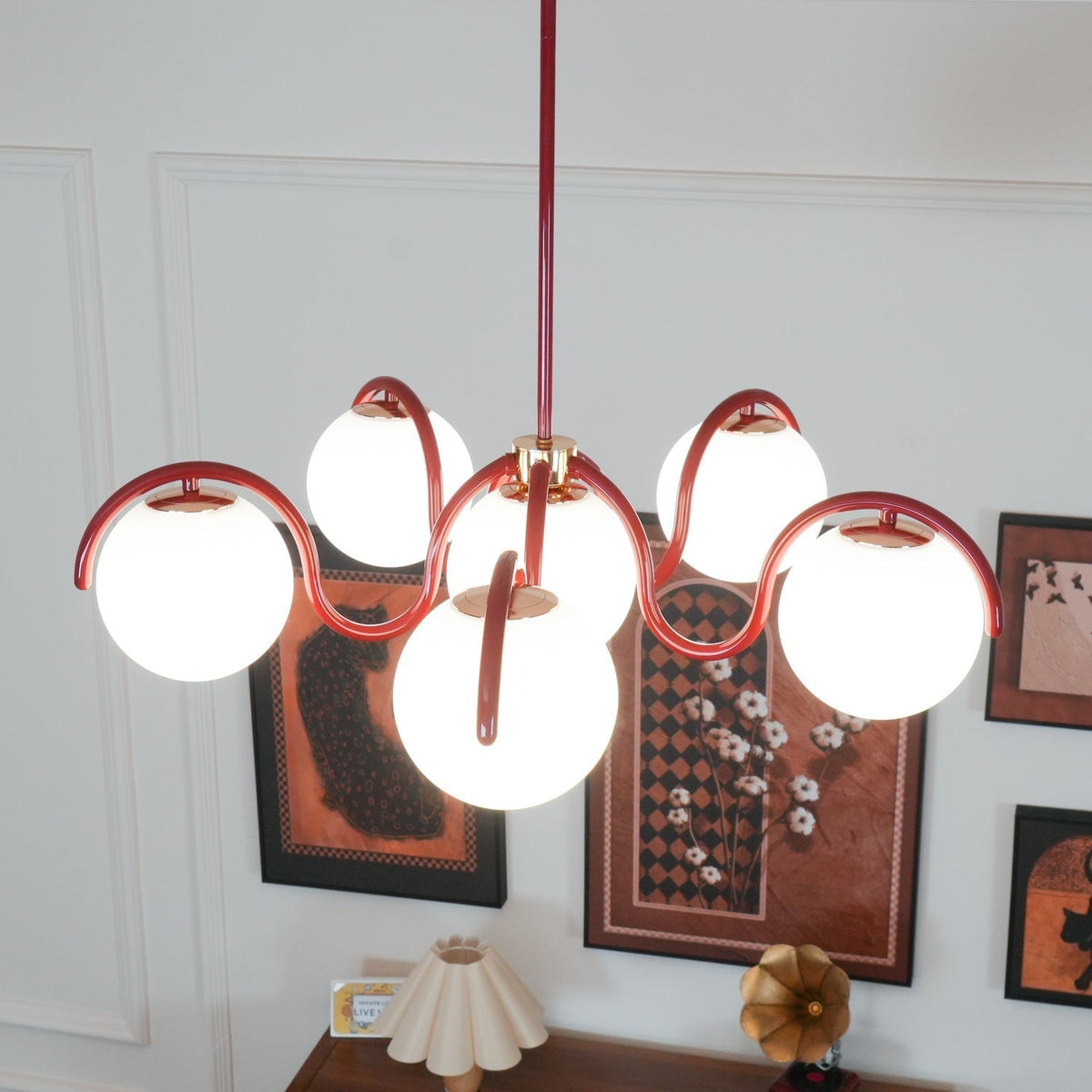 Zapiler Curve Linear Chandelier Red&Silver