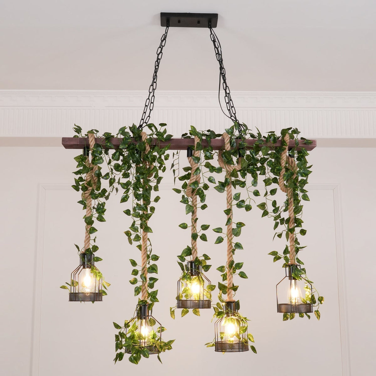 Qyron Chandelier Rustic Wooden Beam Rope Cage Cozy