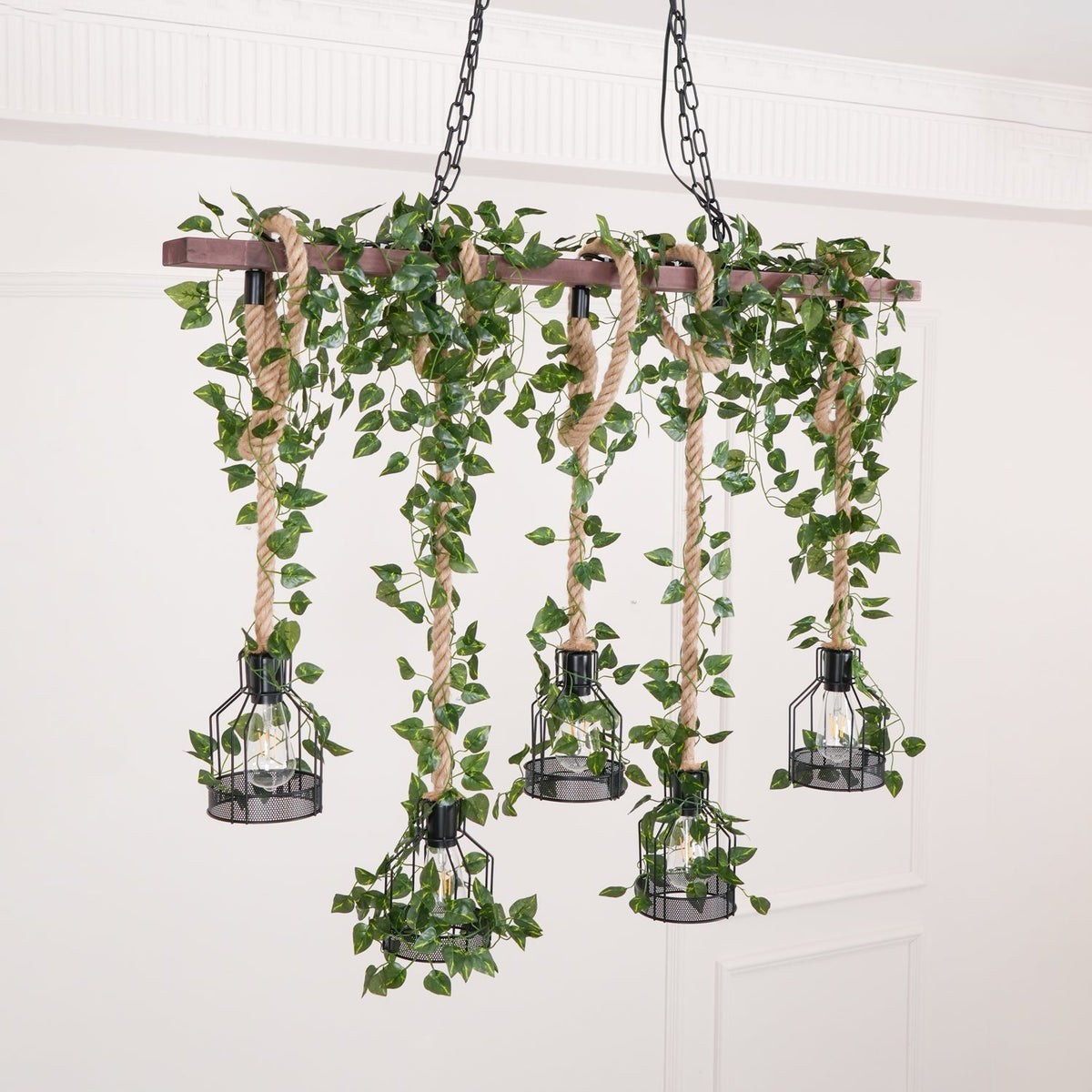 Qyron Chandelier Rustic Wooden Beam Rope Cage Cozy