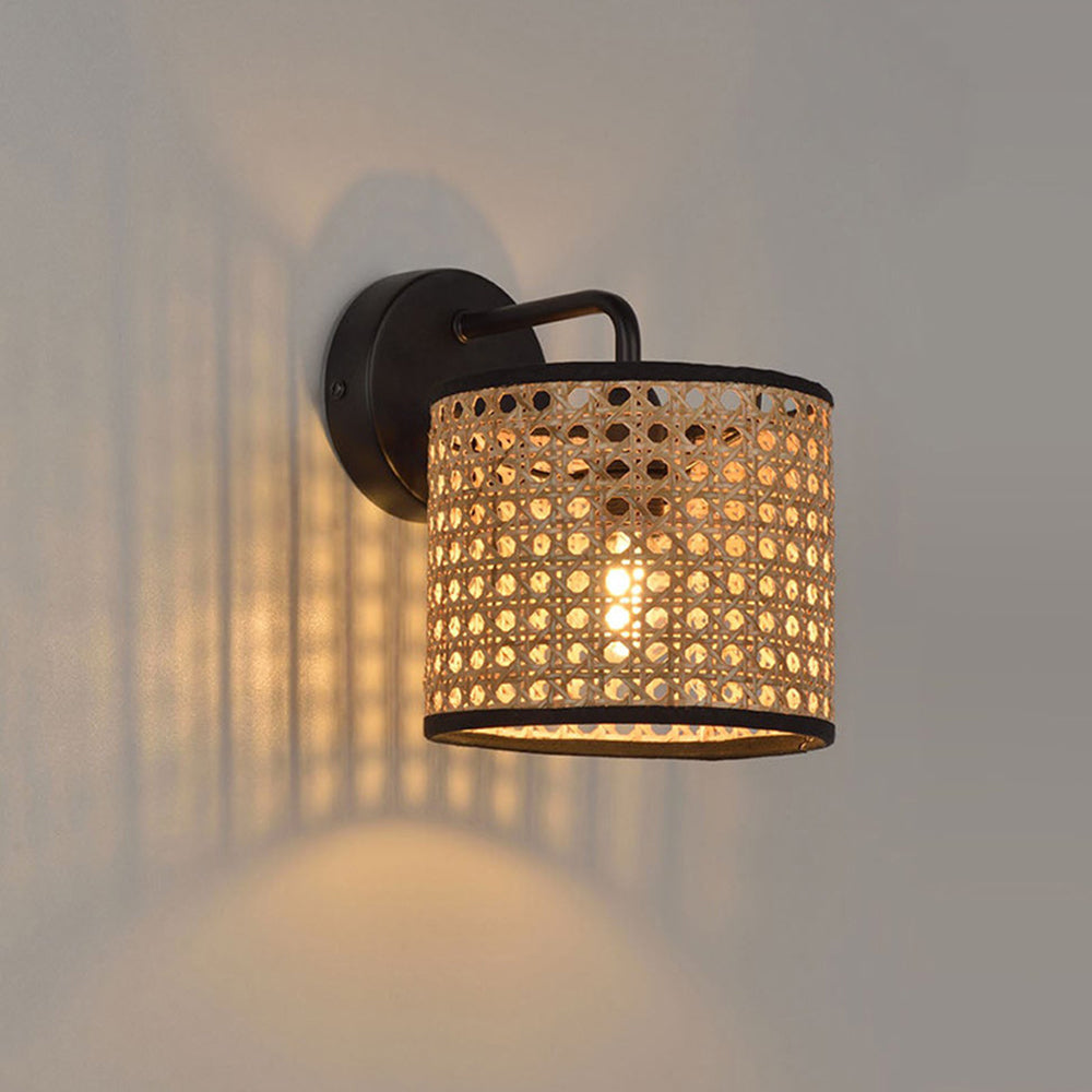 Holibus Rustic Cylindrical Rattan/Metal Wall Lamp, Brown