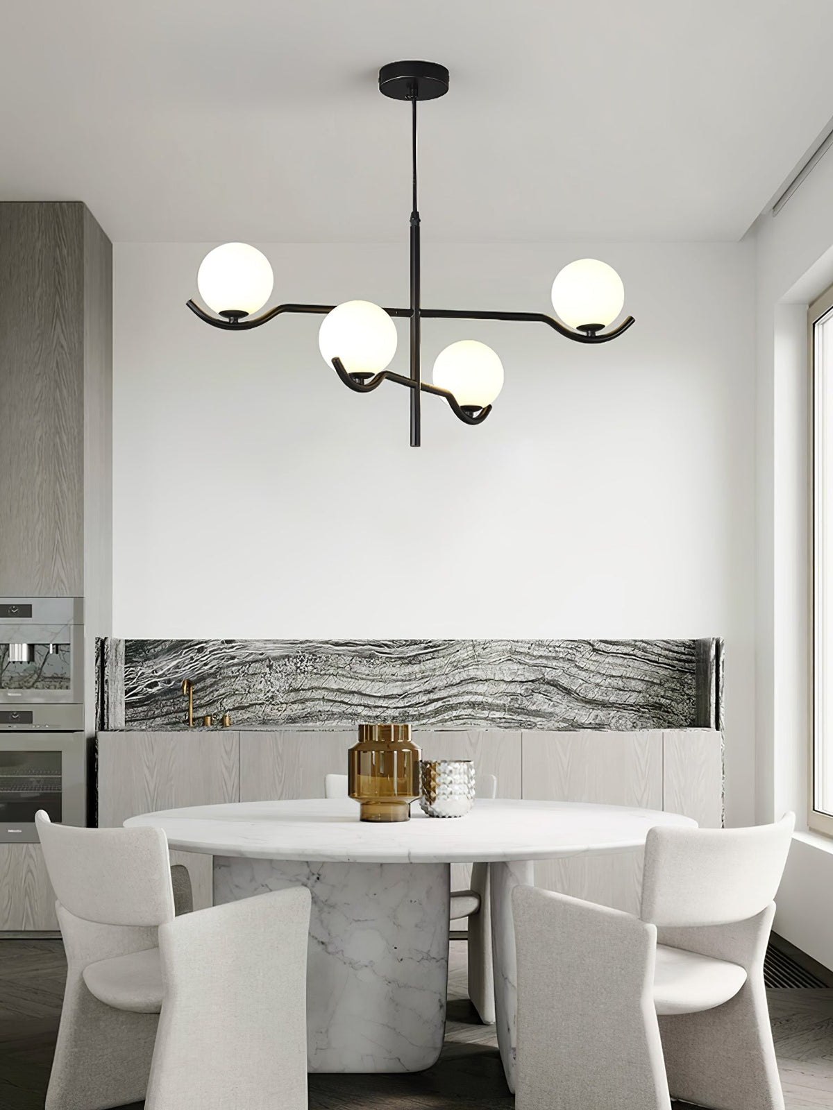 Elvian Chandelier White Globe Brass Minimalist