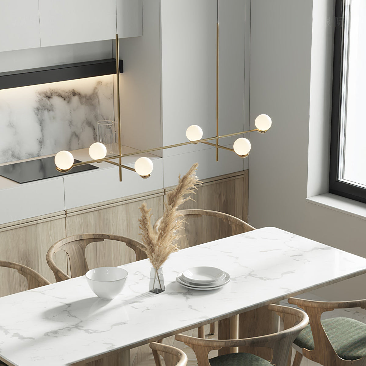 Elvian Chandelier White Globe Brass Minimalist