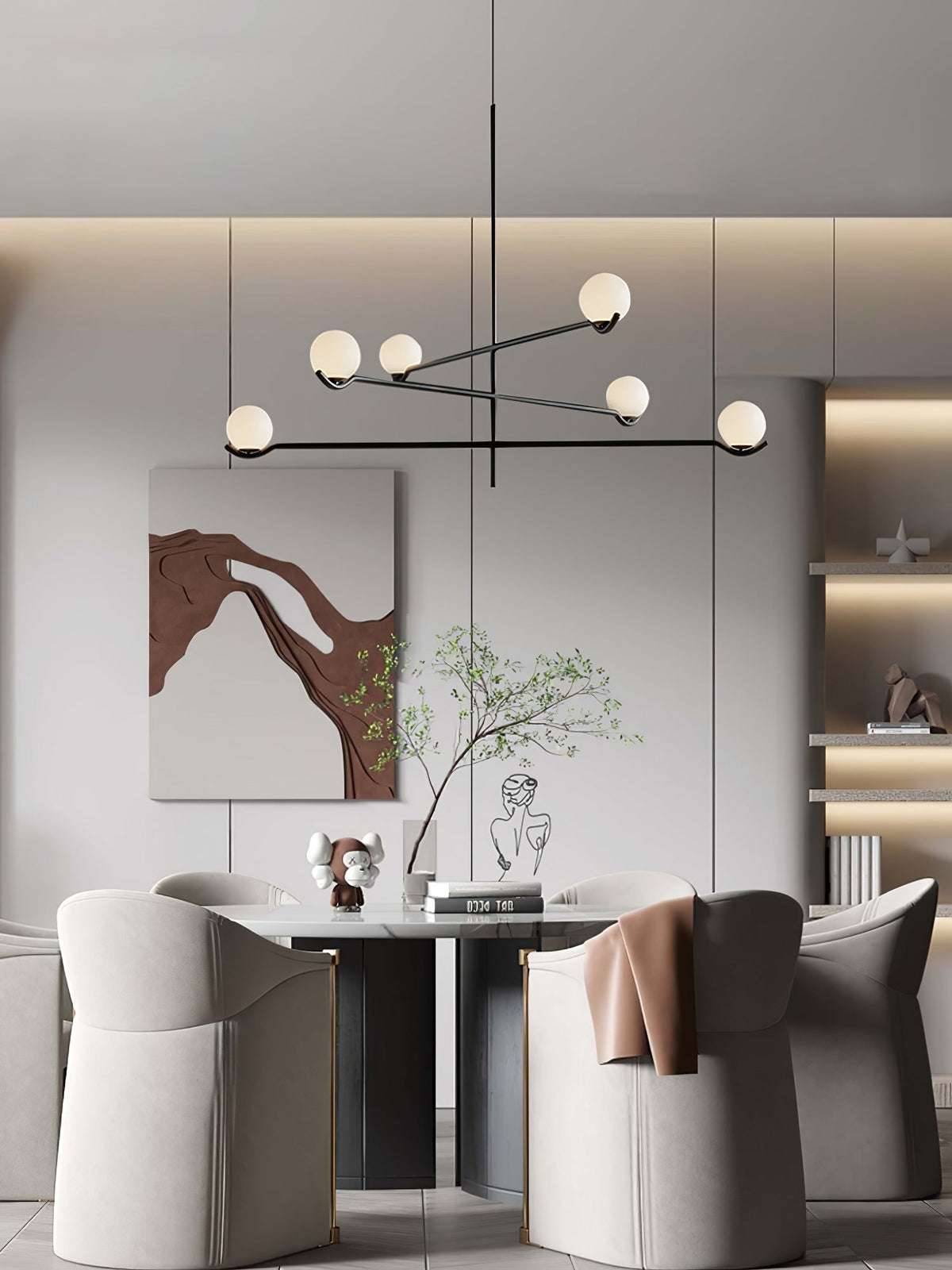 Elvian Chandelier White Globe Brass Minimalist
