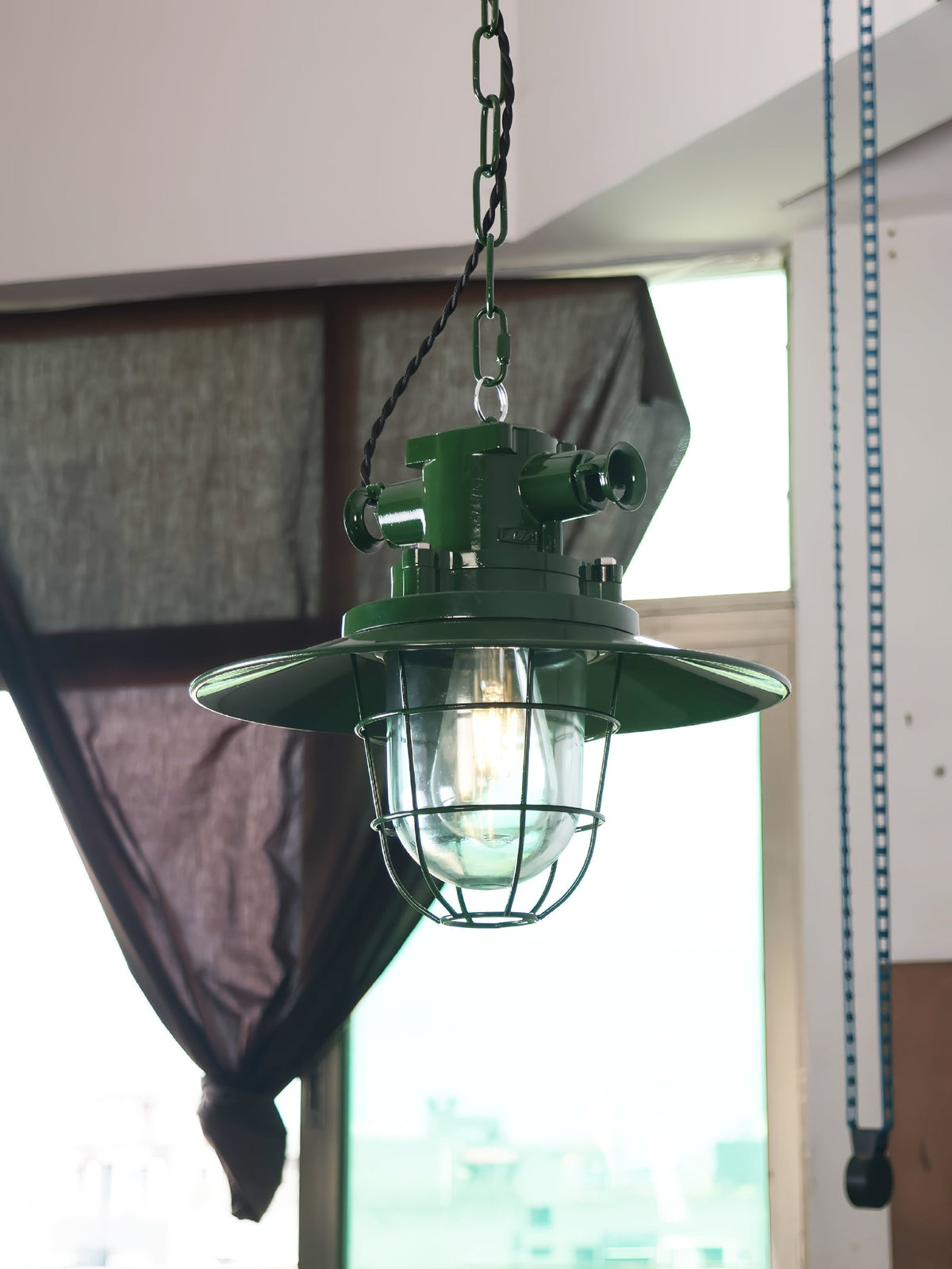 Velinel Vintage Industrial Swag Green Glass Light