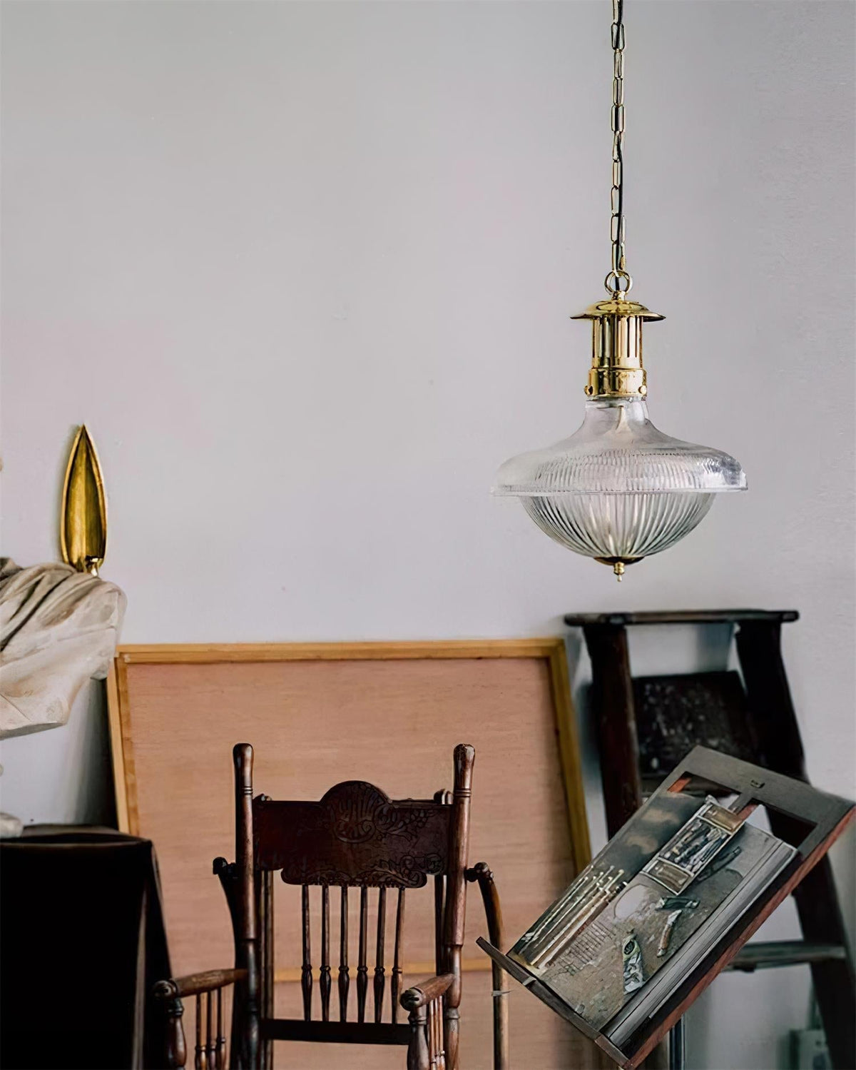 Norvela Pendant Light Clear Ribbed Glass Brass Vintage