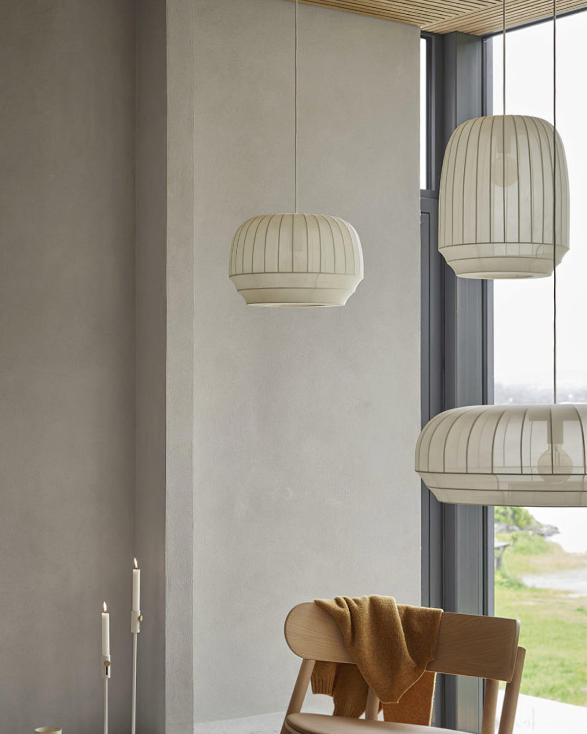 Taro Pendant Lamp Silk Shade White Fabric Vertical Lines Soft Modern Minimalist
