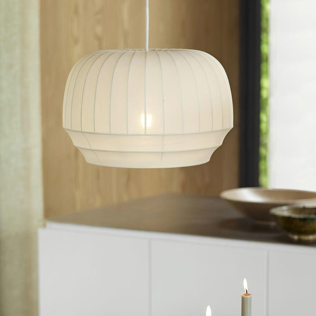 Taro Pendant Lamp Silk Shade White Fabric Vertical Lines Soft Modern Minimalist