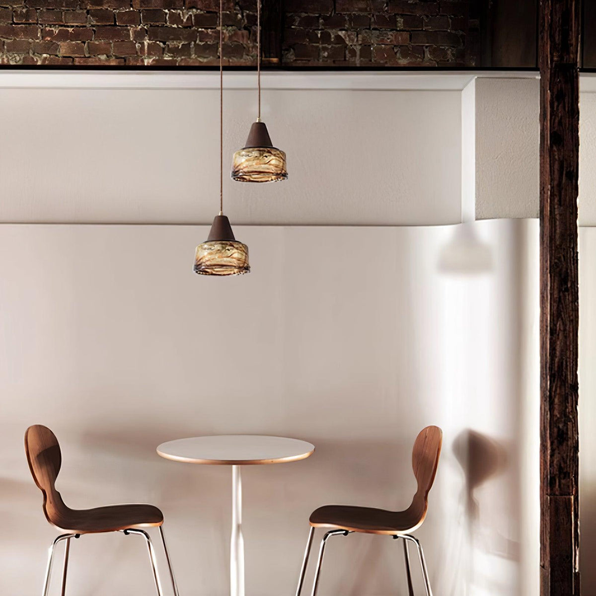 Pendant Lamp Amber Glass Shade Wood Top Vintage Artistic
