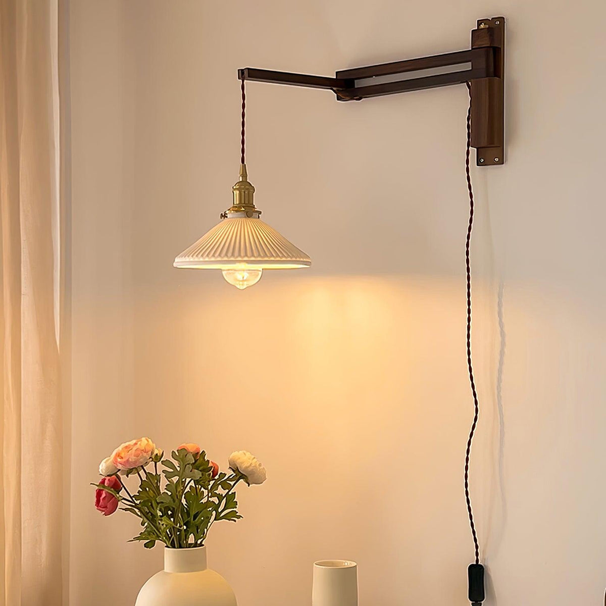 Esviel Nordic Art Swing Arm Walnut Ceramic Wall Light