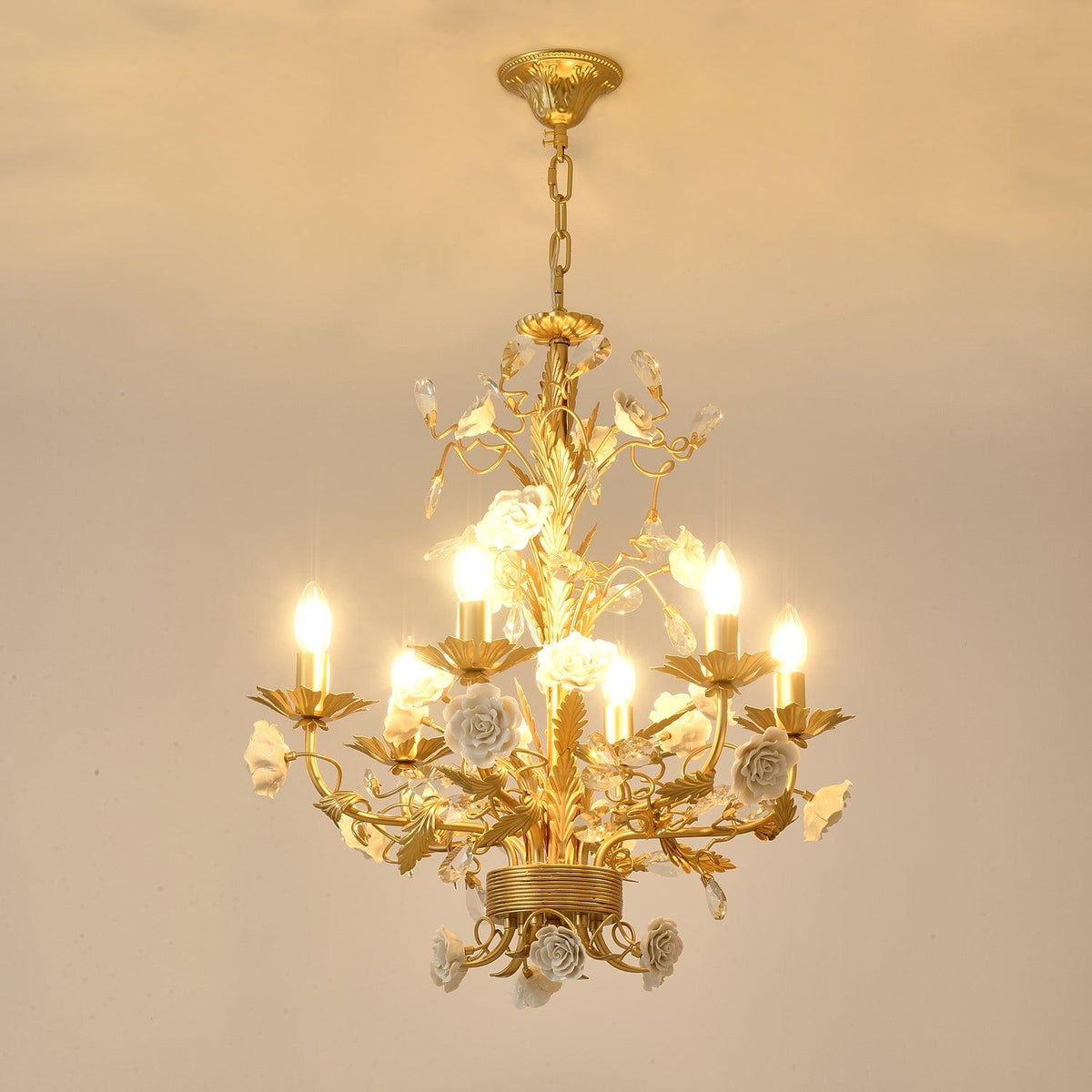 Chandelier Ornate Metal Frame Porcelain Roses Crystal Classic Luxury