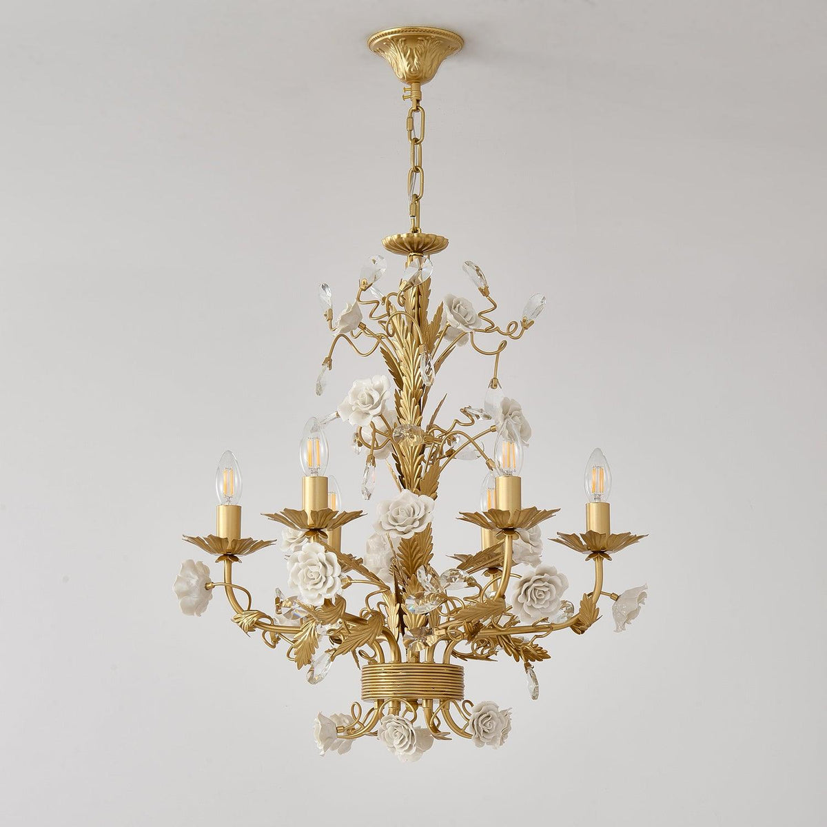 Chandelier Ornate Metal Frame Porcelain Roses Crystal Classic Luxury