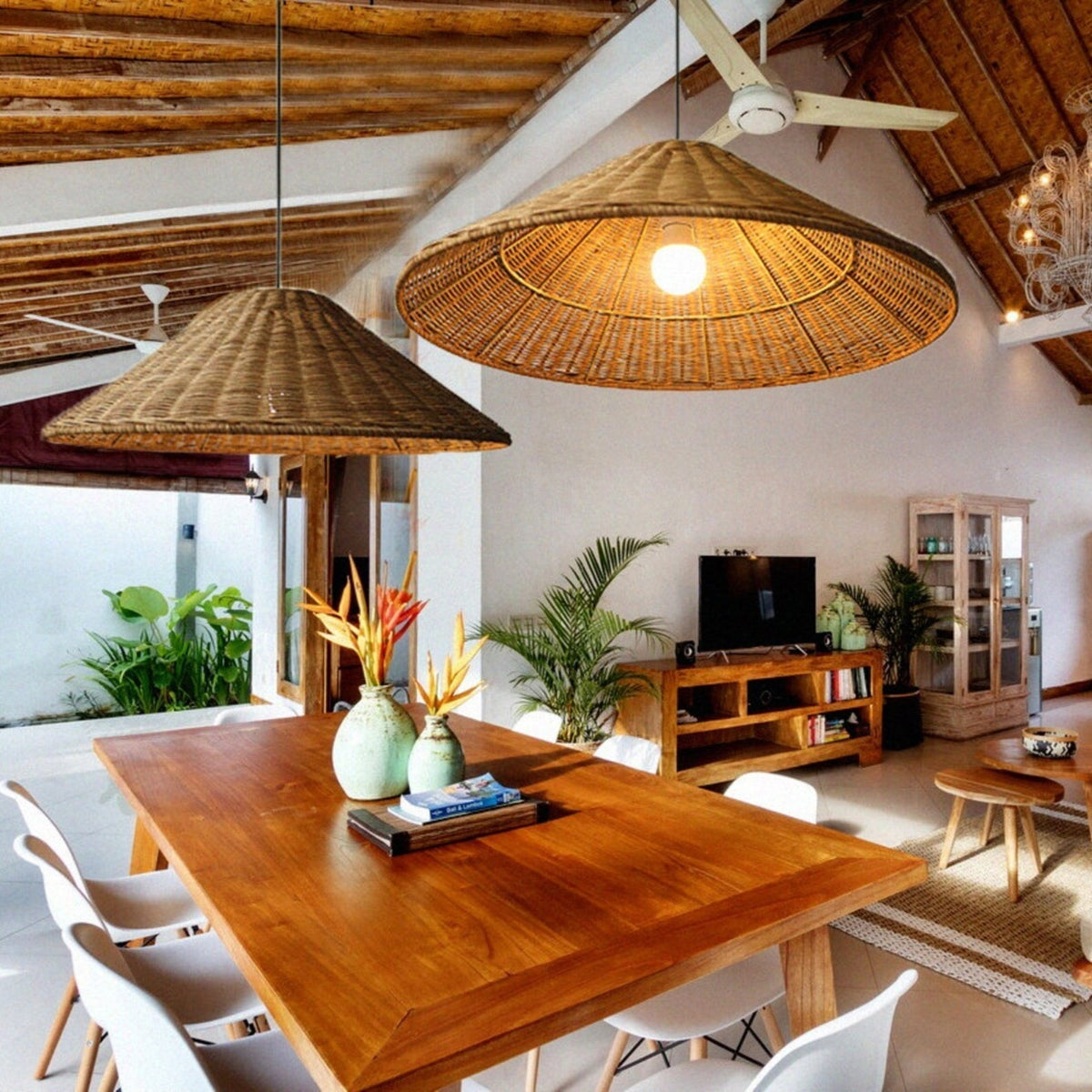 Fetogero Vintage Handmade LED Rattan Pendant Light Living Room