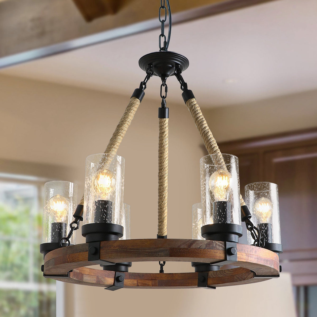 Rinarine Vintage Industrial Wagon Wheel Wooden Chandelier