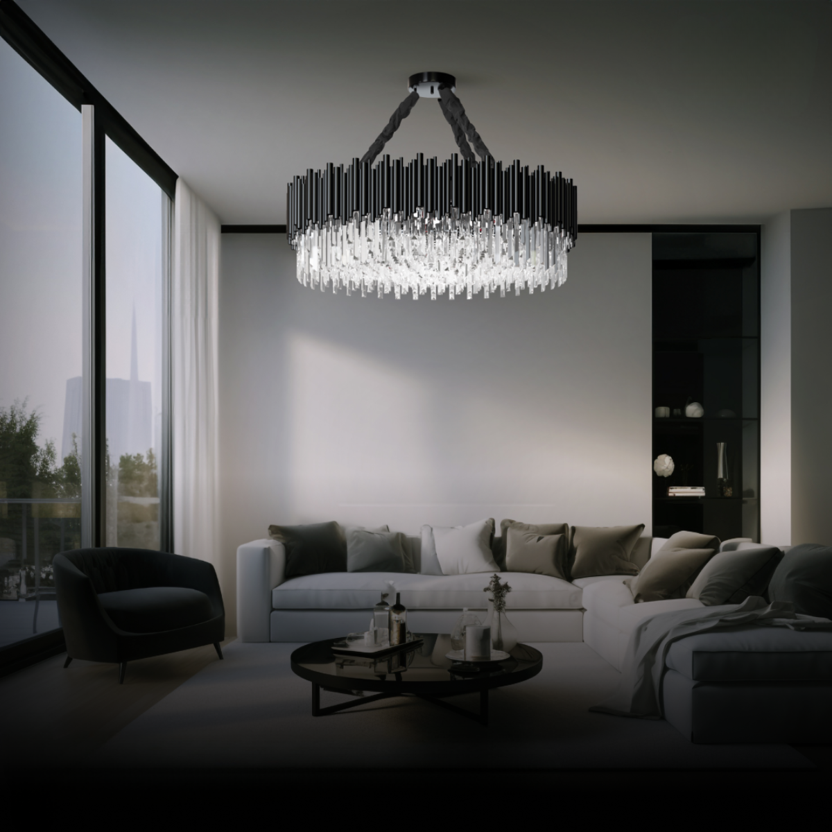 Bomuver Industrial Cylindrical Crystal/Metal Chandeliers Black Living Room