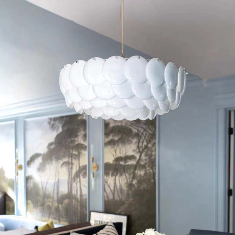 Lapoker Wihte Art Deco Chandelier Light Fixture, Ceramic Leaf & Metal