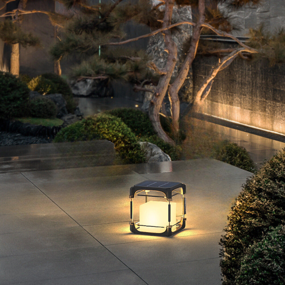 Kunuvil Simple Cube/Cuboid Outdoor Floor Lamp, Hardwired/Solar, Black
