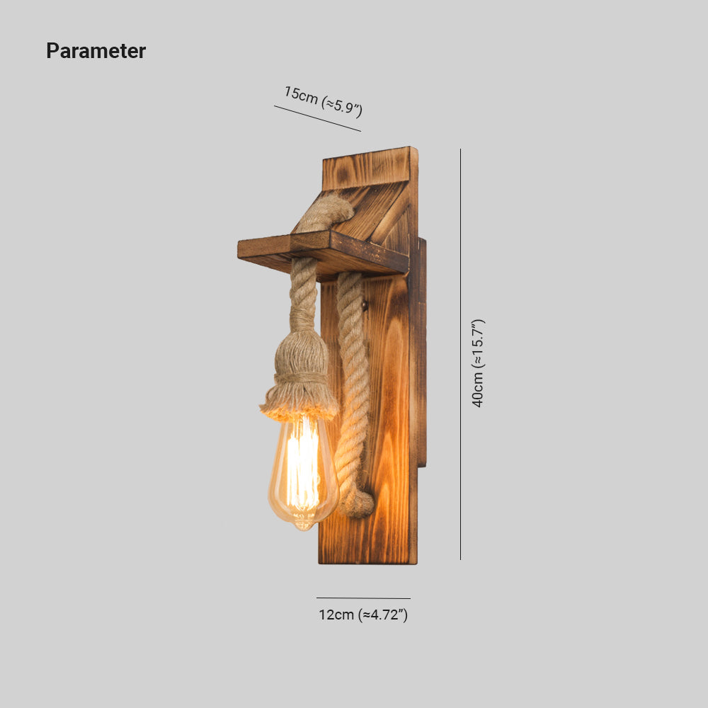 Tobemud Vintage Rectangular LED Wall Light, Wood/Hemp Rope, Dining Room