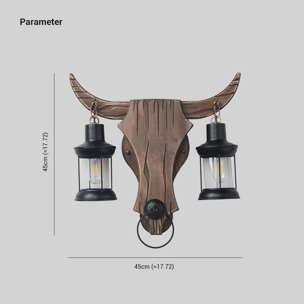 Joperun Wall Lamp Bull Shape Vintage, 2 Heads Wood/Metal, Bedroom