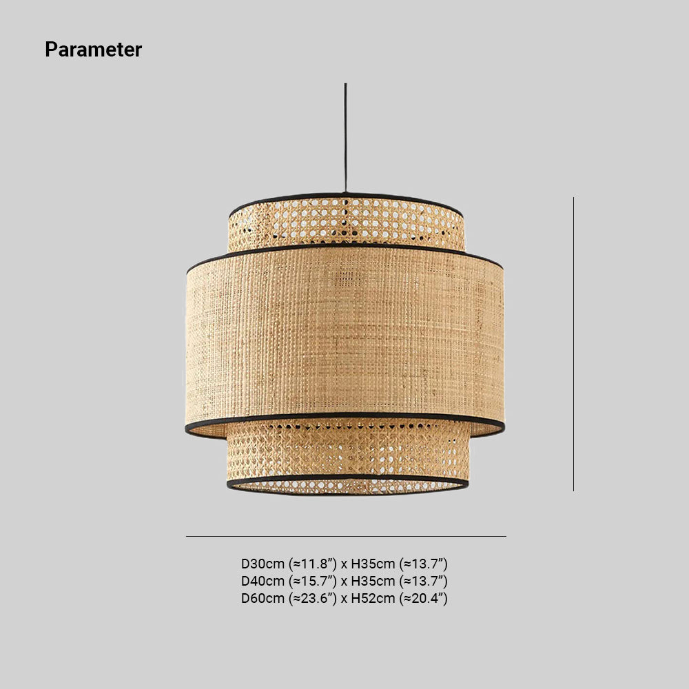 Danogar Wabi Sabi Tri-Layer Cylindrical Rattan/Metal Pendant Light, Wooden