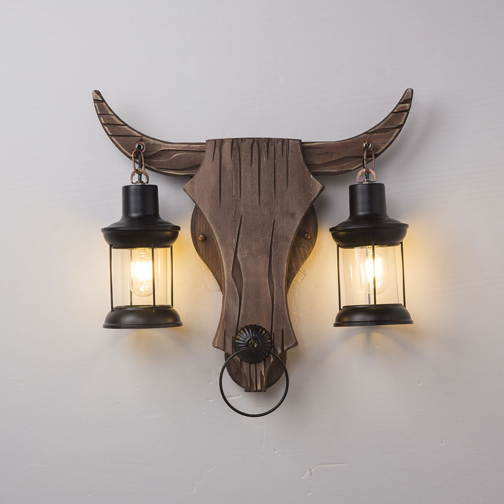 Joperun Wall Lamp Bull Shape Vintage, 2 Heads Wood/Metal, Bedroom